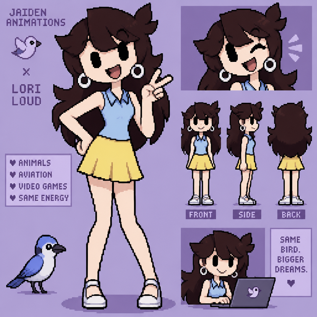 Jaiden animations, but wearing the outfit of the character Lori loud from the series The loud house Nickelodeon