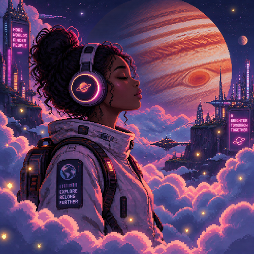 Profile of Young dark skin astronaut girl with headphones and eyes closed standing surrounded by a Lot of puffy clouds. Jupiter rises in the background. Fireflies are scattered in the scene 