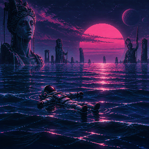 Seen from a distance An astronaut floats on his back in the middle of an alien ocean
With statues coming out of the water in the distance 