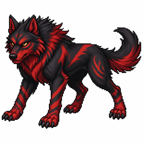 Black and red cartoon wolf (quadruped), full body, white background