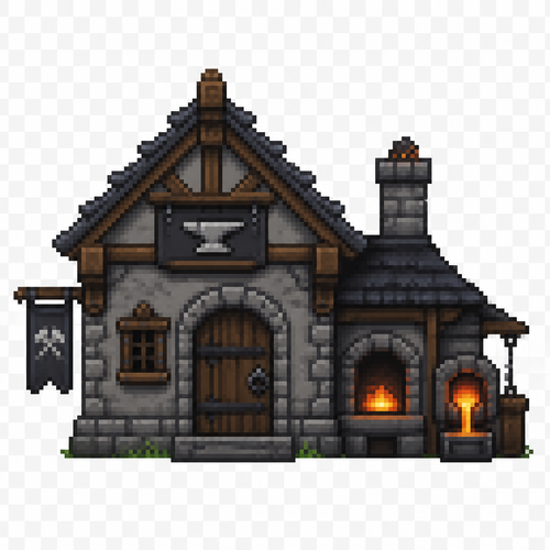 Can you generate me a fantasy style medieval 64x64 pixeled blacksmith shop front view on a completely transparent background. I want the store to be stone with small wooden details, as well as have an attached little forge and smelter section on the side of it. 