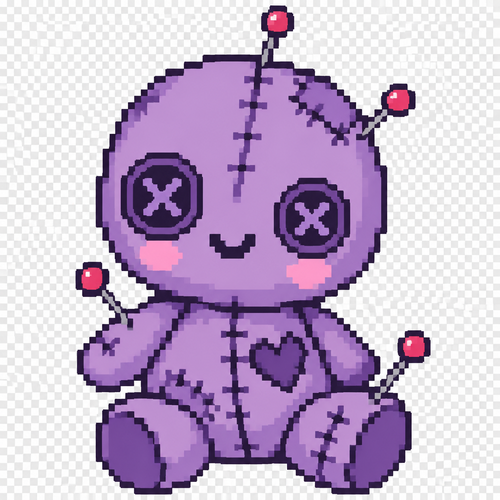 Cute kawaii purple voodoo doll with pins. Plan background 