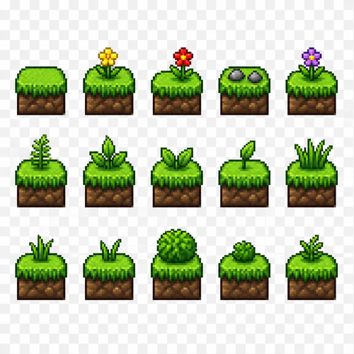 Create a 2D pixel art sprite sheet featuring 15 individual icons each exactly 64x64  pixels, arranged 5 horizontally and 3 vertically spaced evenly. Style: classic fantasy RPG, inspired by 16bit games, with crisp pixel art, clean outlines, subtle shading, and a cohesive color palette. Use a transparent background. Each Icon  should be centered within its 32x32 canvas and remain highly readable at small sizes. 




The 15 icons are: 




1: Grass Block
2: Grass Block with yellow Flower
3: Grass Block with red Flower
4: Grass block with 2 small stones
5: Grass Block with purple Flower
6: Grass Block with tiny fern
7: Grass Block with 3 leafs
8: grass block with 2 leafs
9: grass block with 1 leaf
10: grass block with 4 grass blades
11: grass block with 3 grass blades
12: grass block with 2 grass blades
13: grass block with small round bush
14: grass block with tiny bush
15: grass block with small fern




Requirements: 
	•	Each icon must be exactly 32x32 pixels.
  • All based off of real life variants.
   • All facing sideways so you see the side of their bodies.
	•	Output as a sprite sheet with each icon occupying its own 32x32 cell** DO NOT GO OUT PAST THESE PARAMETERs**
	•	Transparent background.
	•	No text, labels, borders, or UI elements.
	•	Consistent Fantasy RPG Aesthetic across all icons.
	•	High contrast and excellent readability for use in a game interface.
	•	Clean polished pixel art with enough detail for low resolution sprites.
	•	Avoid anti-aliasing, blurring, or painterly effects; preserve a true pixel art appearance.