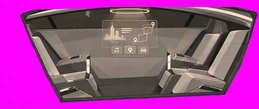 Pixel art view of a gray cockpit interior against a bright magenta background