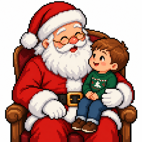 Close up of Santa sitting on his chair with a small child sitting on lap. White background 