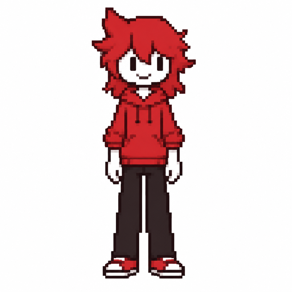 Jaiden animations but with the clothes and hair of the character original character red boy, full body front perspective