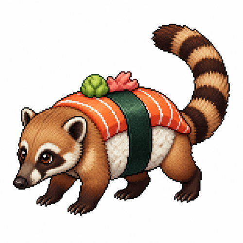 Cartoon sushi coatimundi (quadruped), full body, white background