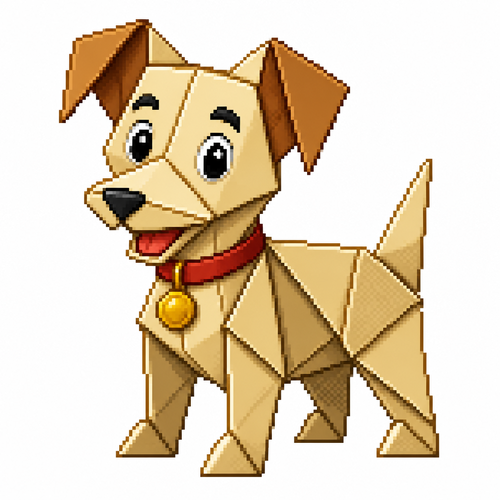Cartoon origami dog, full body, white background