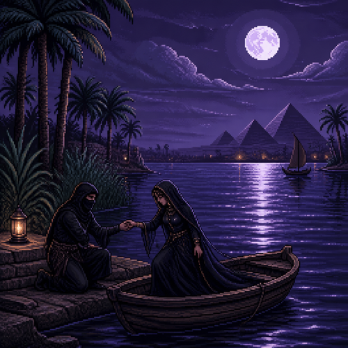 riverbank at night, the Nile reflecting a full moon, reeds and palm trees along the water's edge, distant pyramids faint on the horizon, man in a black hooded cloak with a simple black face wrap, only his eyes visible, kneeling beside a small wooden boat, helping a woman in a flowing dark cloak step aboard, her hand in his, cool purple and silver moonlight tones, quiet romantic atmosphere, 16-bit pixel art, dithered shading, limited color palette, hard pixel edges, retro game aesthetic, cinematic framing