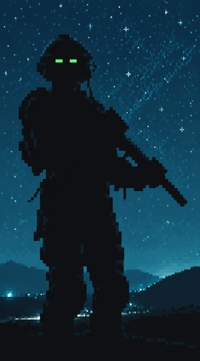 Pixel art silhouette of a person standing against a blue night sky.