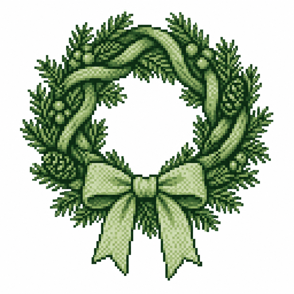 A braided evergreen wreath with intertwined branches and a thick linen bow. White background