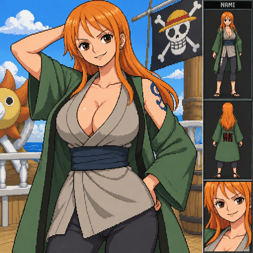 Nami de one piece con la ropa tsunade senju de la serie de Naruto