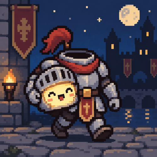 
Cute Kawaii, miniature armored night, carrying its cheerful, glowing head under one arm
