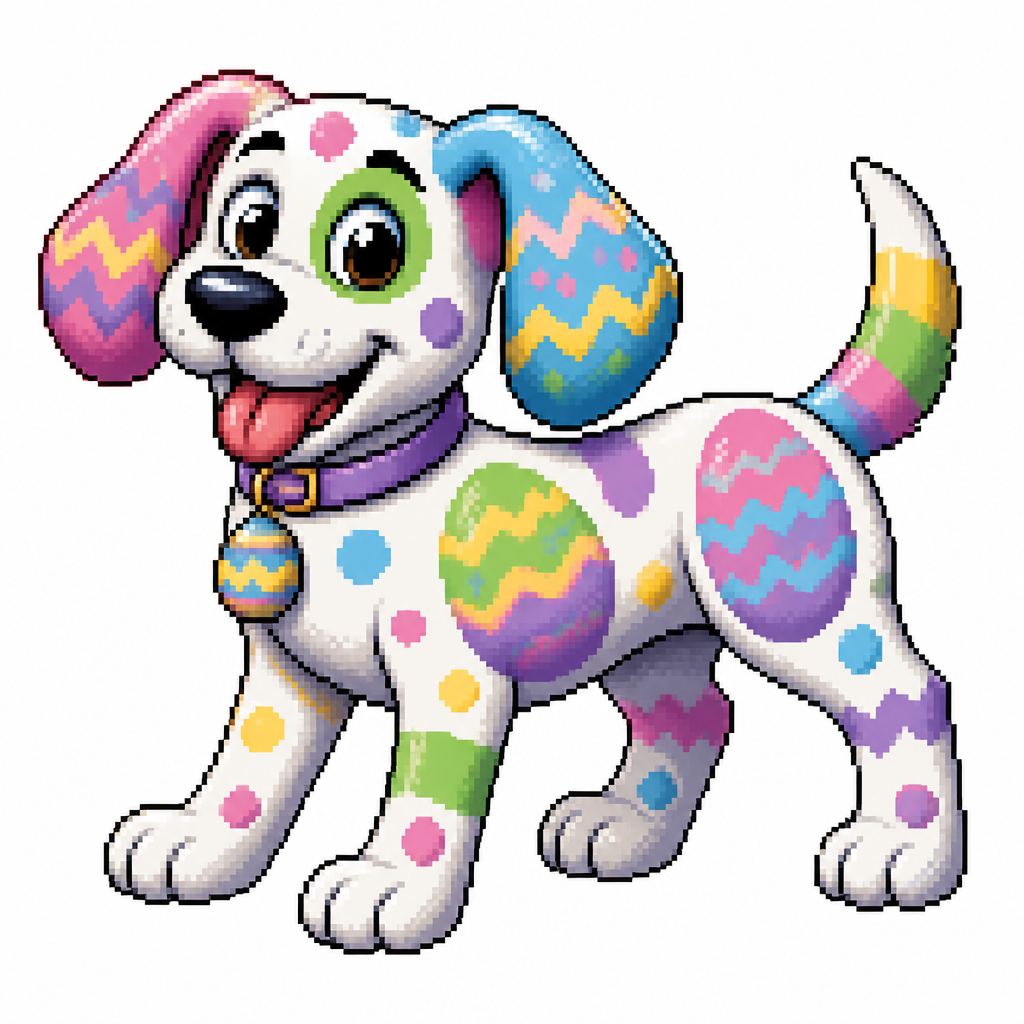 Cartoon easter egg dog (quadruped), full body, white background