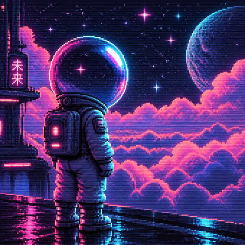 faceless child astronaut with a large bubble helmet in front of clouds and stars.