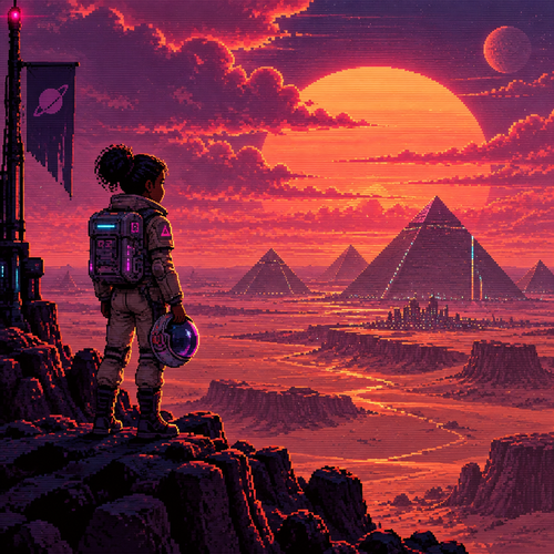 A young teen girl astronaut with brown skin stands on a mountain on an alien planet looking across a desert at pyramids. The setting sun is huge through the clouds