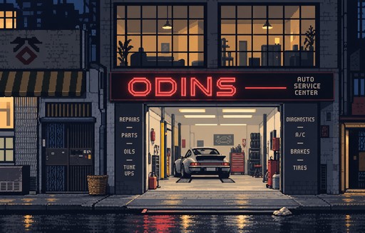 Pixel art of a nighttime auto repair shop with glowing windows and wet street reflections.