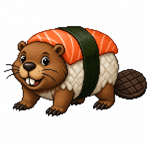 Cartoon sushi beaver (quadruped), full body, white background