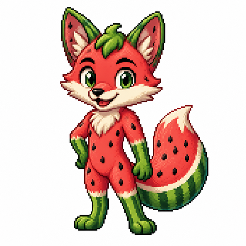Cartoon watermelon fox, full body, white background