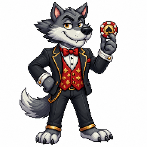 Cartoon poker chip wolf, full body, white background