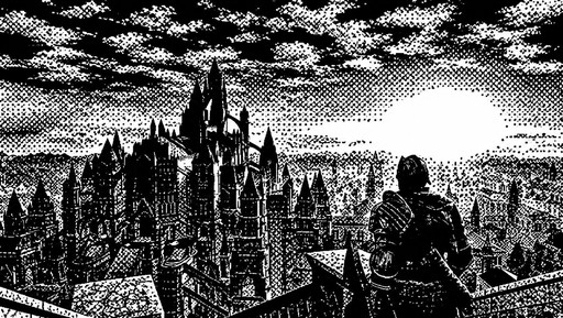 Black-and-white pixel art of a person overlooking a sprawling gothic cityscape.