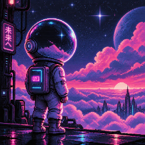 faceless child astronaut with a large bubble helmet in front of clouds and stars.