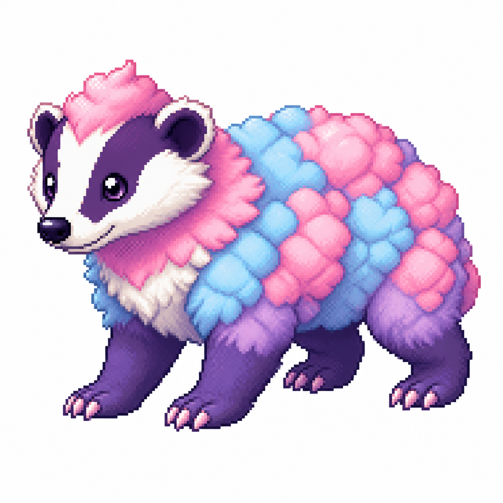 Cartoon cotton candy badger (quadruped), full body, white background
