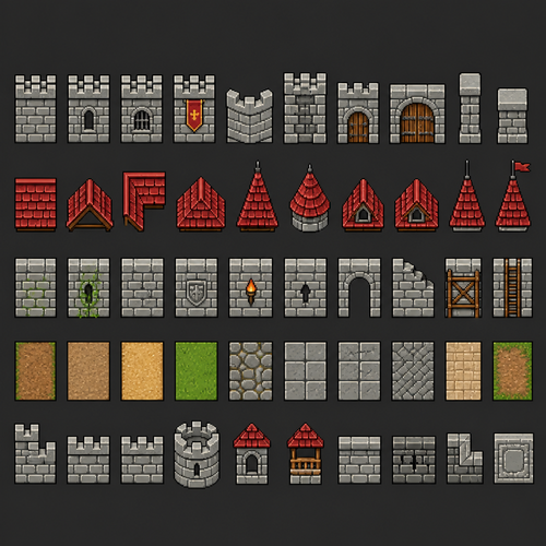 A 2d pixel art sprite sheet full of 50 assets evenly spaced in rows of 10 and columns of 5 evenly spaced 32x32 pixels. Completely squared corners. Clean crisp lines and sharp edges. Fully orthogonal. Let’s do castle walls and roofs, and pathways.