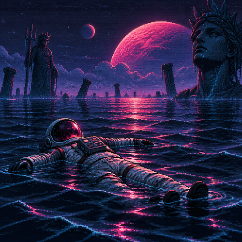 An astronaut floats on his back in the middle of an alien ocean
With statues coming out of the water in the distance 