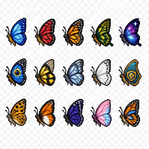 Create a 2D pixel art sprite sheet featuring 32 individual icons each exactly 32x32  pixels, arranged 5 horizontally and 3 vertically spaced evenly. Style: classic fantasy RPG, inspired by 16bit games, with crisp pixel art, clean outlines, subtle shading, and a cohesive color palette. Use a transparent background. Each Icon  should be centered within its 32x32 canvas and remain highly readable at small sizes. 




The 15 icons are: 



1: Sapphire Winged Butterfly
2: Ruby Spotted Butterfly
3: Emperor Butterfly
4: Grand Winged Butterfly
5: Galaxial Butterfly - Galaxy themed
6: Azul Eyed Butterfly
7: Mimic Bee Butterfly
8: Mithryl Butterfly
9: Snowy Butterfly
10: Shielding Butterfly
11: Cheetah Butterfly
12: Fox Butterfly
13: Indigo Butterfly
14: Cotton Candy Butterfly
15: Orange and Blue Butterfly




Requirements: 
	•	Each icon must be exactly 32x32 pixels.
  • All based off of real life variants.
   • All facing sideways so you see the side of their bodies.
	•	Output as a sprite sheet with each icon occupying its own 32x32 cell** DO NOT GO OUT PAST THESE PARAMETERs**
	•	Transparent background.
	•	No text, labels, borders, or UI elements.
	•	Consistent Fantasy RPG Aesthetic across all icons.
	•	High contrast and excellent readability for use in a game interface.
	•	Clean polished pixel art with enough detail for low resolution sprites.
	•	Avoid anti-aliasing, blurring, or painterly effects; preserve a true pixel art appearance.