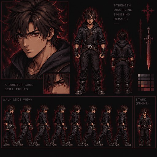 Create a 32-bit pixel art character sprite sheet based on SNES jrpg gaming. The sprite sheet should feature a male warrior, wearing a black hoodie (with the hood down) and pants, and a slight crimson aura surrounding him. It should have a side view walking. Another Standing facing forward. A close up shot.