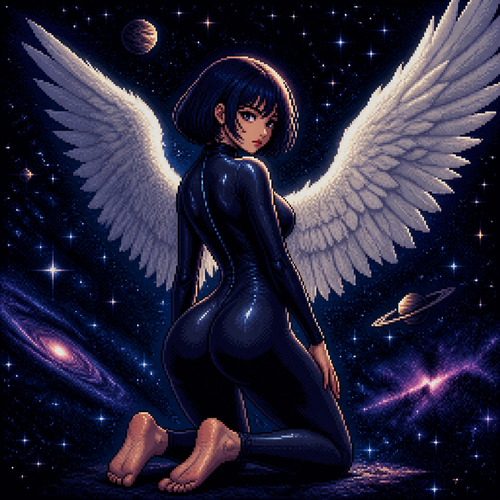 Pixel art style illustration of a woman with short dark blue-black bob hair, pale skin, and intense eyes looking back over her shoulder. She is kneeling on both knees in the void of outer space, body angled away from the viewer, wearing a tight form-fitting black bodysuit that clings to her curves. Large detailed white feathered angel wings extend from her back. She is barefoot. The background is deep space with countless stars surrounding her and distant cosmic planets, soft cosmic light illuminating her figure and wings. High detail pixel art, dramatic lighting, cinematic composition.