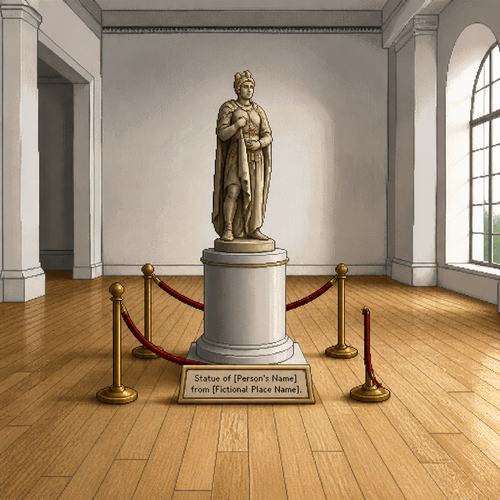 An imperfect, unstaged museum interior captured from a screenshot taken from a 3-hour-42-minute video that moves through approximately 20 different rooms. No date, timestamp, recording indicator, or other on-screen UI elements are visible. The camera is handheld and slightly unstable, shifting along the X, Y, and Z axes.

The scene is empty and unoccupied. The museum has light-colored wood plank flooring and white concrete walls. At the center is a ceramic pedestal surrounded by four gold-colored stanchions connected by red velvet ropes. At one point, one of the red ropes has come detached from its stanchion and is hanging loose.

There are no artworks other than the sculpture displayed on the pedestal. A small title plaque is placed in front of the pedestal, reading: “Statue of [Person’s Name] from [Fictional Place Name].”

Natural, bright lighting, realistic materials, documentary-like appearance, slightly imperfect handheld framing, no people, no visible camera operator, no text or interface overlays other than the artwork title plaque.