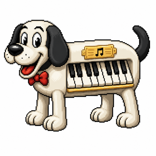 Cartoon piano dog (quadruped), full body, white background
