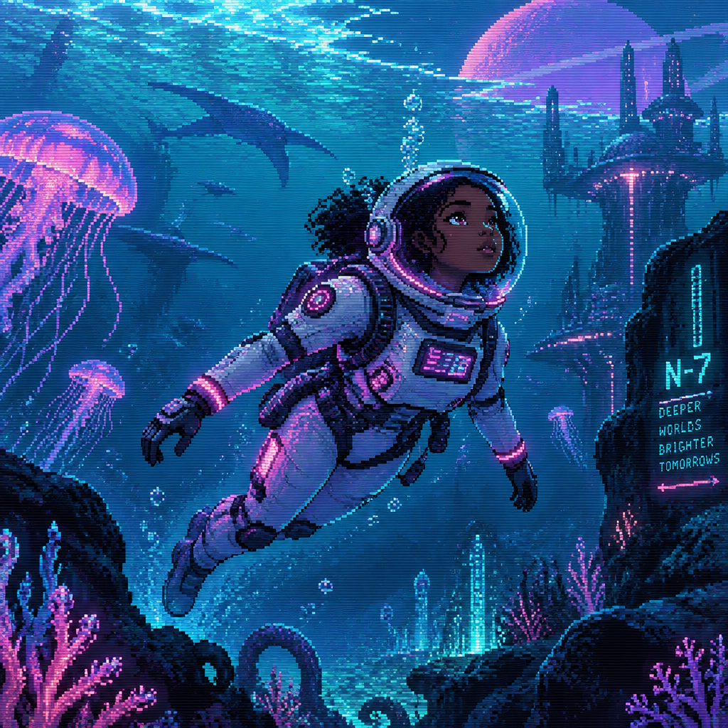 A young girl astronaut with dark skin floats in the ocean of a watery alien world
