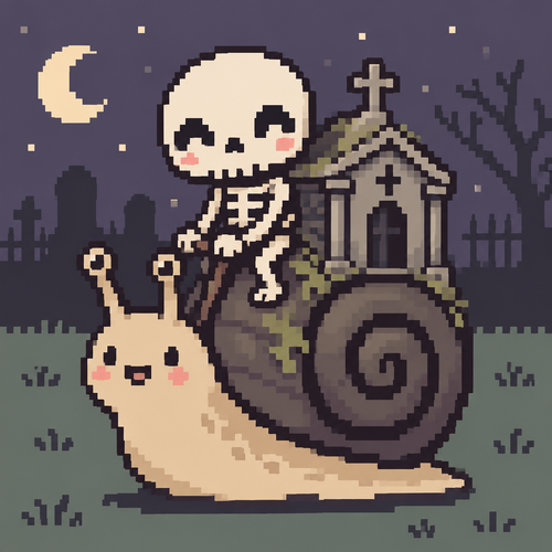 Cute Kawaii, smiling skeleton, nail carrying a tiny mausoleum on it shell