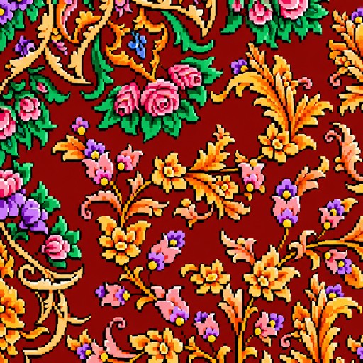 Colorful pixel art floral pattern with pink, orange, purple, and green flowers.