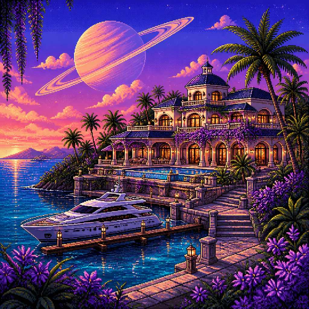 Tropical luxury villa in paradise with a yacht park in the front and the planet saturn visibly on the picture make the flowers around purple take the symbol sign out
