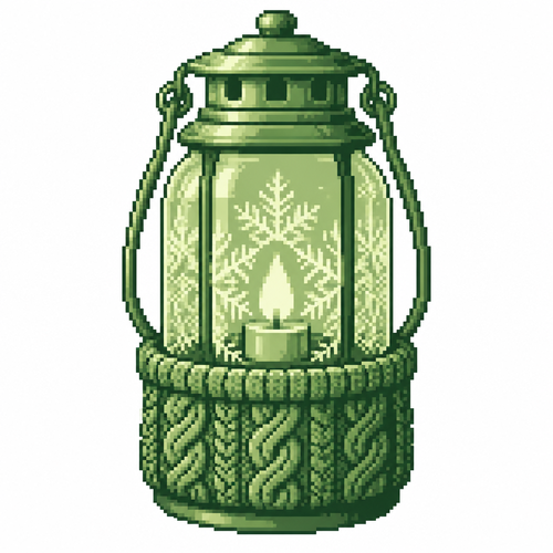 A frost-patterned glass lantern with a thick knitted sleeve around its base. White background 