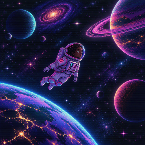 Young girl astronaut with dark skin is floating amongst several planets seen from a long distance away