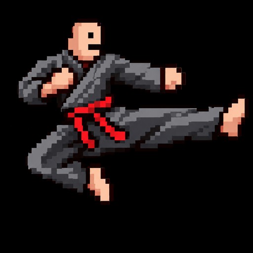 Pixel art of a person in a black outfit and red belt performing a high kick.