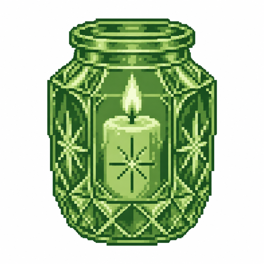 A candle inside a cut-glass Christmas jar with etched star panels. White background
