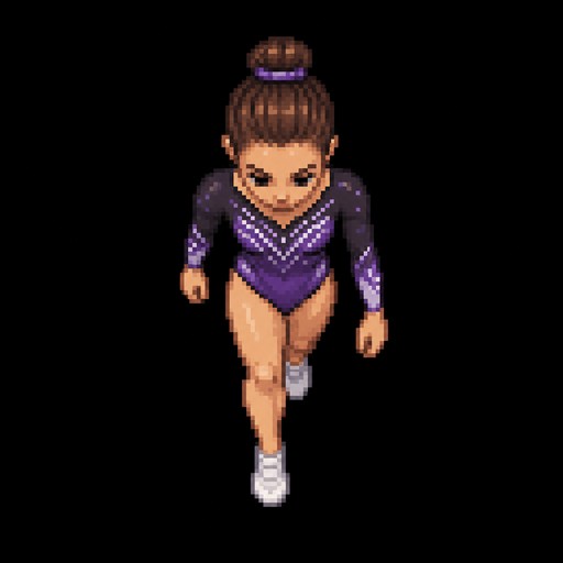 A top down orthographic sprite of a Gymnast with hair in a bun in a walking pose