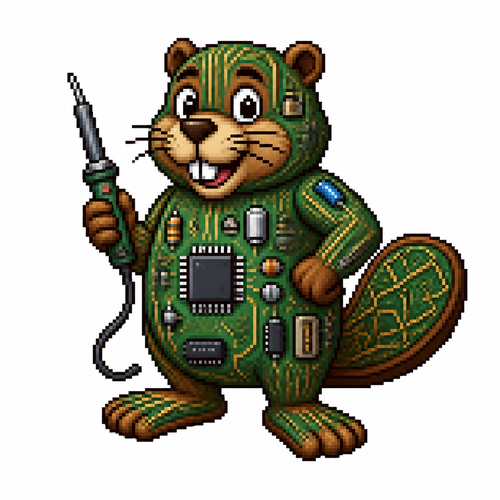 Cartoon circuit board beaver, full body, white background