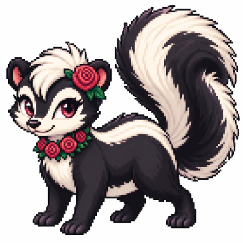 Cartoon rose skunk (quadruped), full body, white background