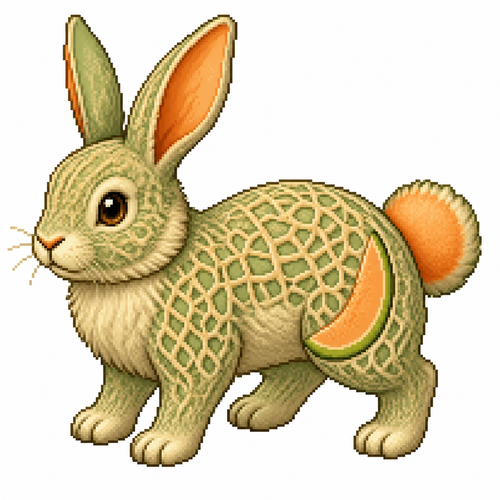 Cartoon cantaloupe rabbit (quadruped), full body, white background