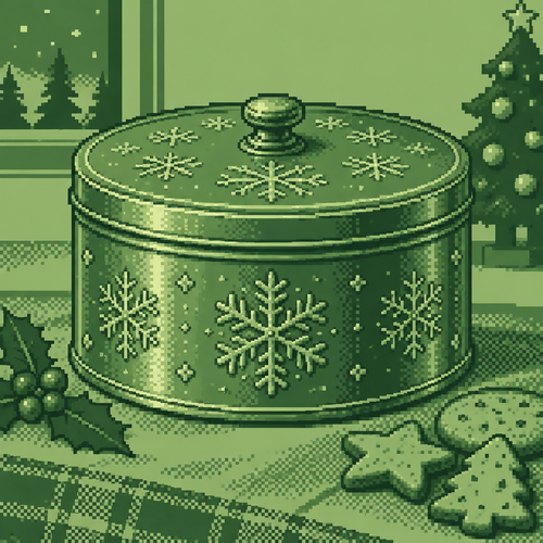 Plan background. A lidded Christmas biscuit tin with embossed snowflakes and realistic metal texture.