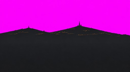Pixel art of a dark mountain ridge beneath a bright magenta sky