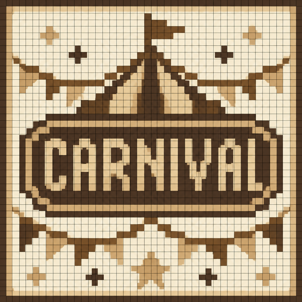 Create a 32×32 pixel art image for an Animal Crossing: New Horizons custom design. The canvas must contain exactly 32 columns × 32 rows of discrete square cells. Each cell must be a single, completely uniform solid color. NO gradients, shading, anti-aliasing, texture, dithering, highlights, transparency, or multiple colors within any individual cell. Every color change must occur only at the boundary between two cells. Make every pixel a perfect square of identical size. Add a thin grid line around every individual 1×1 pixel cell so all 32×32 cells are clearly visible. It should say Carnival in beige, brown, neutral colors. Use a limited color palette and hard edges only. Do not create details smaller than one pixel.