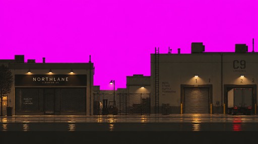 Pixel art nighttime city street with dark storefronts under a bright magenta sky